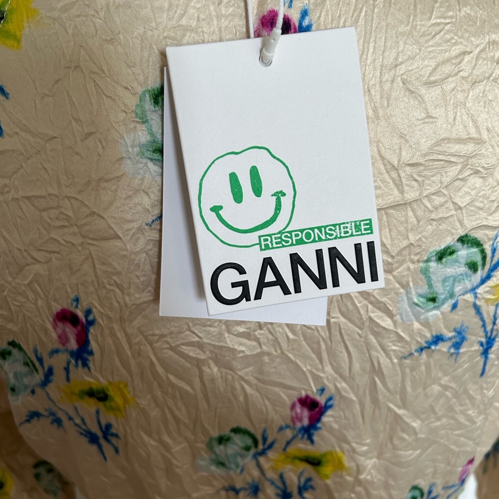 GANNI Floral Crinkled Satin Wrap Dress in Floral Rutabaga - Picture 10 of 16